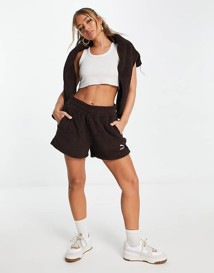Puma Classics Cosy Club Borg Shorts In Dark Chocolate - Exclusive To ASOS For Women Dark Brown - Image 4