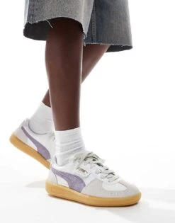 Puma Palermo Leather Trainers In White And Purple For Unisex