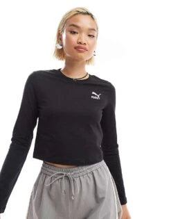 Puma Classics Longsleeve Baby Tee In Black For Women