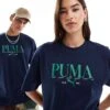 Puma Terrace Central Logo T-shirt In Navy And Green For Unisex