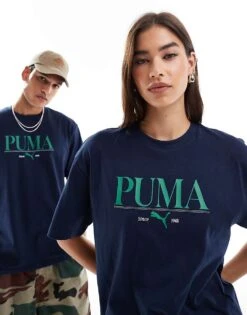 Puma Terrace Central Logo T-shirt In Navy And Green For Unisex