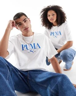Puma Terrace Central Logo T T-shirt In White And Blue For Unisex