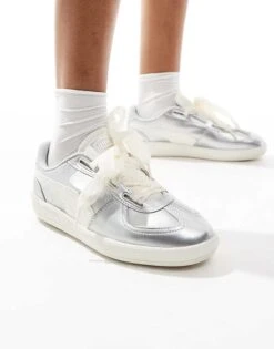 Puma Palermo Trainers With Ribbon Laces In Metallic Silver For Unisex