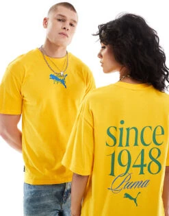 Puma Terrace Back Slogan Print T-shirt In Yellow And Green For Unisex