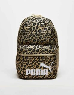 Puma Phase Logo Backpack In Leopard Print For Unisex Toasted Almond-animal-aop
